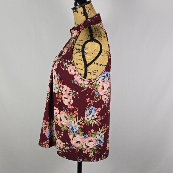 Blue Pan Halter Neck Floral Pleated Front Blouse Womens M Burgundy Pink Y2K Vibe - Picture 4 of 10